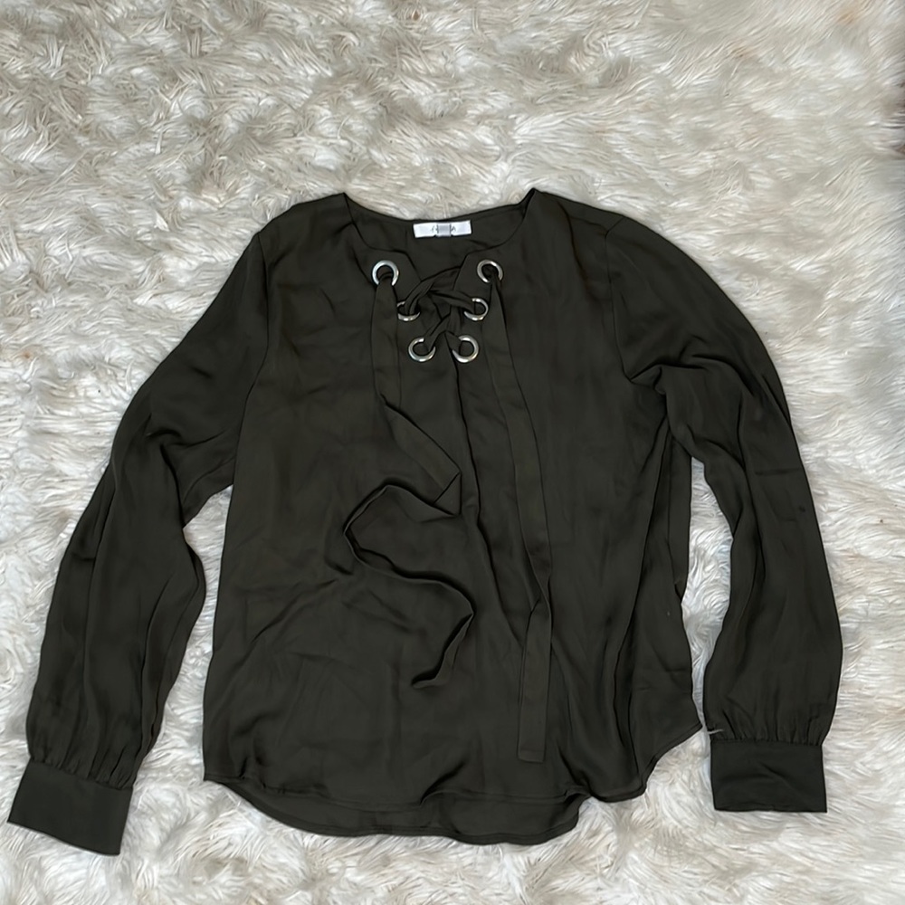 Active USA brand size large dark green blouse with lace up tie front detail
